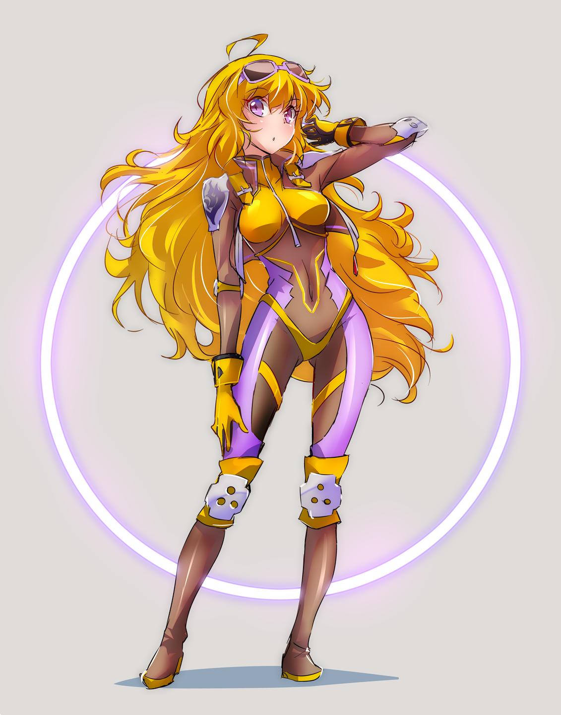 1girl ahoge blonde_hair bodysuit boots breasts brown_footwear commentary covered_navel cropped_jacket gloves goggles goggles_on_head highres iesupa knee_boots knee_pads large_breasts long_hair navel rwby skin_tight solo violet_eyes wavy_hair yang_xiao_long