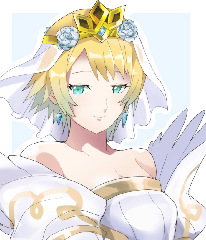 1girl aqua_eyes bare_shoulders blonde_hair blue_flower blue_hair breasts bridal_veil bride bride_(fire_emblem) closed_mouth collarbone commentary_request dress earrings fire_emblem fire_emblem_heroes fjorm_(fire_emblem_heroes) flower gradient_hair hair_between_eyes hair_flower hair_ornament jewelry looking_at_viewer medium_breasts multicolored_hair open_eyes rem_sora410 short_hair smile solo veil wedding_dress white_dress