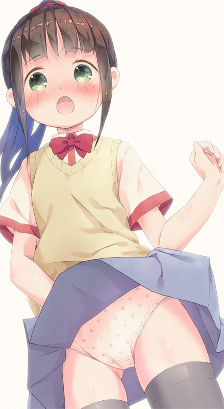 1girl :o ass_visible_through_thighs bangs black_legwear blue_skirt blush bow brown_background brown_hair collared_shirt commentary_request dutch_angle eyebrows_visible_through_hair green_eyes high_ponytail hitoribocchi_no_marumaru_seikatsu honshou_aru long_hair open_mouth panties pleated_skirt polka_dot polka_dot_panties ponytail pu-en red_bow school_uniform shirt short_sleeves sidelocks simple_background skirt skirt_lift solo surprised sweater_vest thigh-highs underwear white_panties white_shirt wind wind_lift