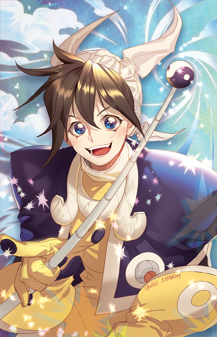 1boy bangs black_hair blue_eyes clouds commentary_request dated gloves hair_between_eyes hat holding holding_wand houshin_engi index_finger_raised looking_at_viewer male_focus open_mouth shabomu signature smile solo sparkle taikoubou upper_body wand wind yellow_gloves yin_yang