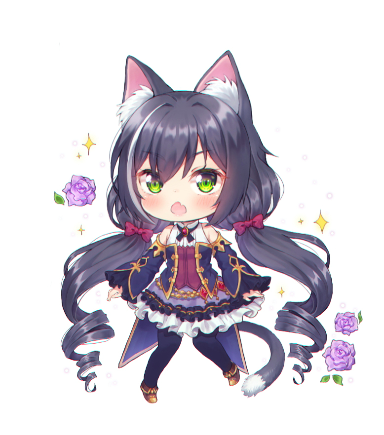 1girl animal_ear_fluff animal_ears bangs bare_shoulders black_hair black_legwear blue_sleeves blush bow brown_footwear cat_ears cat_girl cat_tail chestnut_mouth chibi commentary detached_sleeves eyebrows_visible_through_hair fang flower foreign_blue frilled_skirt frills full_body green_eyes hair_between_eyes hair_bow kyaru_(princess_connect) long_hair long_sleeves low_twintails multicolored_hair open_mouth pantyhose princess_connect! princess_connect!_re:dive purple_flower purple_rose purple_skirt red_bow rose shirt shoes simple_background skirt sleeveless sleeveless_shirt sleeves_past_wrists solo sparkle streaked_hair tail twintails very_long_hair white_background white_hair white_shirt