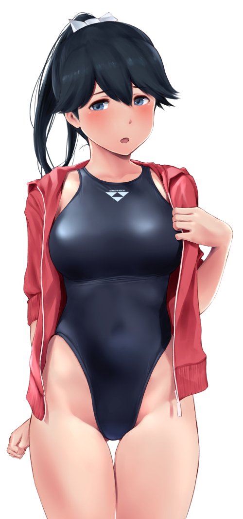 1girl alternate_breast_size ass_visible_through_thighs black_hair black_swimsuit blue_eyes blush breasts commentary_request competition_swimsuit covered_navel cowboy_shot high_ponytail highleg highleg_swimsuit hood hooded_jacket hoodie houshou_(kantai_collection) jacket kantai_collection large_breasts long_hair looking_at_viewer one-piece_swimsuit open_clothes open_jacket open_mouth ponytail revision solo standing swimsuit thigh_gap wa_(genryusui)