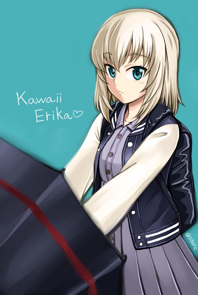 1girl backpack bag blue_background blue_dress blue_eyes blurry blurry_foreground closed_mouth commentary_request cowboy_shot depth_of_field dress eyebrows_visible_through_hair frown girls_und_panzer heart holding holding_umbrella itsumi_erika jacket letterman_jacket light_blush long_dress long_hair looking_at_viewer navy_blue_jacket open_clothes open_jacket romaji_text silver_hair simple_background solo standing sutahiro_(donta) twitter_username umbrella