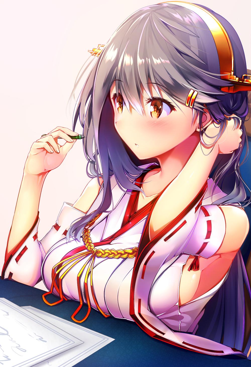 1girl adjusting_hair aiguillette bangs bare_shoulders bespectacled blush breasts brown_eyes collarbone commentary_request detached_sleeves eyebrows_visible_through_hair glasses grey_hair hair_ornament hairband hairclip haruna_(kantai_collection) headgear highres holding holding_pen japanese_clothes kantai_collection large_breasts long_hair nontraditional_miko parted_lips pen remodel_(kantai_collection) sidelocks sitting swept_bangs tsukui_kachou wide_sleeves