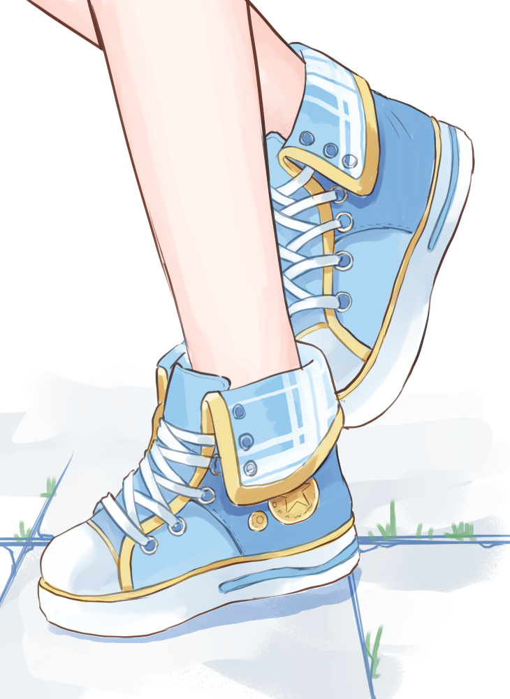 1girl blue_footwear close-up feet_only grass legs original shoes sneakers solo standing standing_on_one_leg star tile_floor tiles white_background yuuhagi_(amaretto-no-natsu)