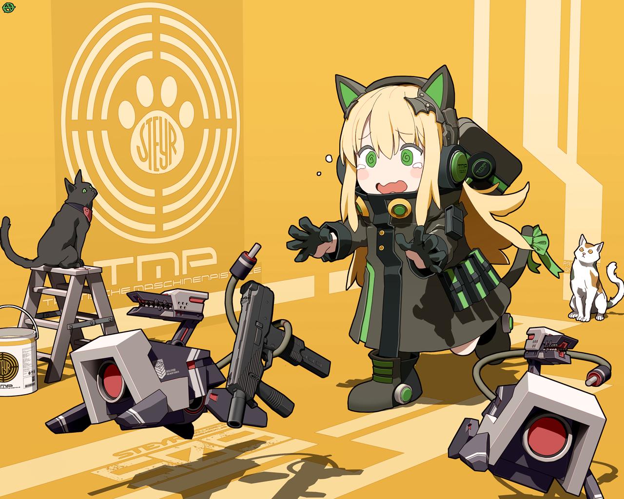 1girl animal_ears blonde_hair boots cat cat_ear_headphones cat_ears cat_tail character_name chibi circle_a commentary crying dinergate_(girls_frontline) girls_frontline green_eyes gun headphones ladder shadow steyr_tmp submachine_gun tail theft tmp_(girls_frontline) weapon