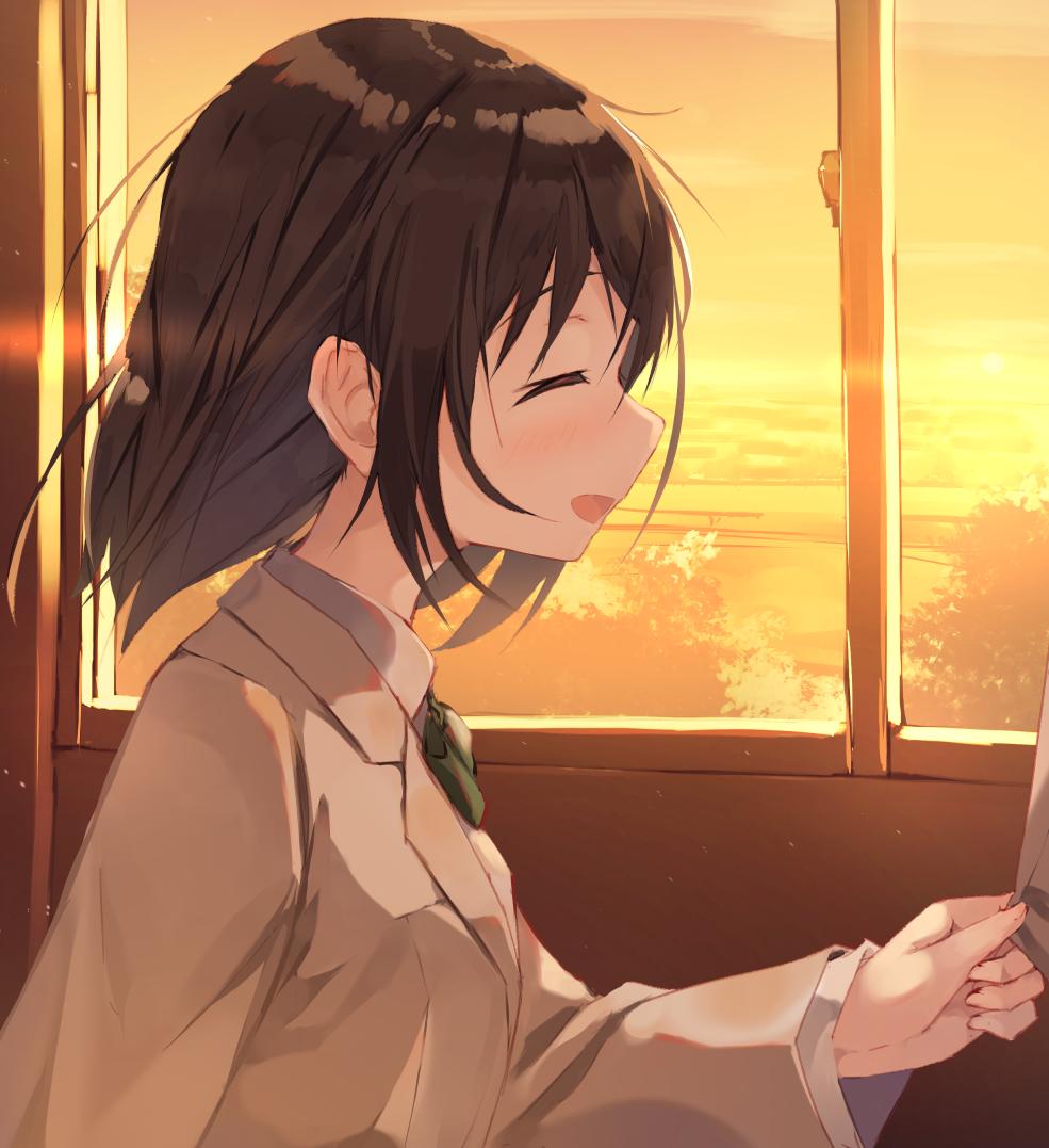 1girl :d bangs blush bow bowtie brown_hair brown_jacket closed_eyes ears eyebrows_visible_through_hair hand_up holding indoors jacket long_sleeves looking_away nagishiro_mito open_mouth original out_of_frame school_uniform short_hair smile solo sunset uniform window