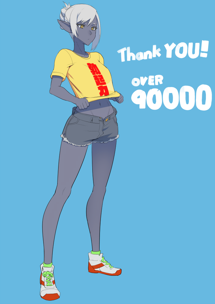 1girl blue_background clothes_writing commentary cutoffs denim denim_shorts full_body grey_skin hits lifted_by_self midriff mikoyan navel original over_9000 pointy_ears shirt shirt_lift shoes short_shorts shorts simple_background sneakers solo t-shirt thank_you translated unbuttoned white_hair yellow_eyes yellow_shirt