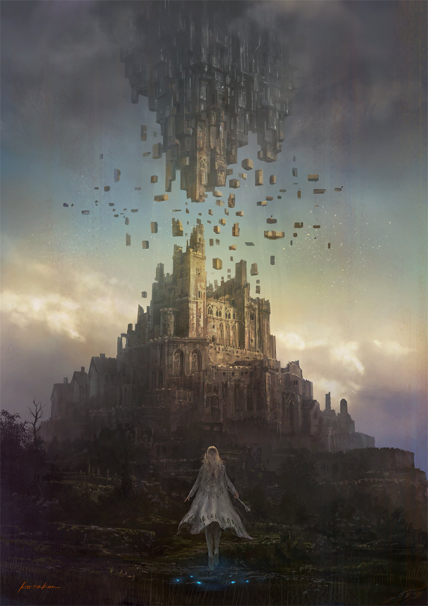 1girl blonde_hair castle clouds cloudy_sky dark_clouds facing_away fantasy floating floating_castle floating_object glowing grass highres holding holding_wand k-takano original scenery science_fiction signature sky solo standing tree wand white_footwear