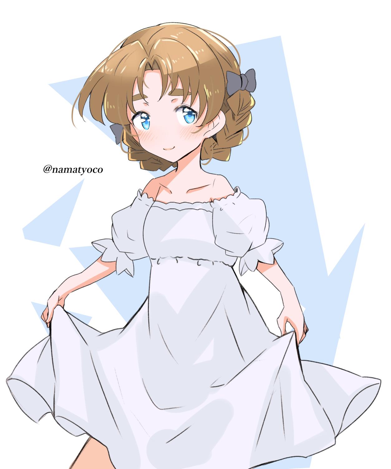 1girl bare_shoulders black_bow blue_eyes blush bow braid closed_mouth collarbone commentary cowboy_shot curtsey dress girls_und_panzer hair_bow highres looking_at_viewer medium_dress namatyoco nightgown off-shoulder_dress off_shoulder orange_hair orange_pekoe puffy_short_sleeves puffy_sleeves short_hair short_sleeves skirt_hold smile solo standing tied_hair twin_braids twitter_username white_dress
