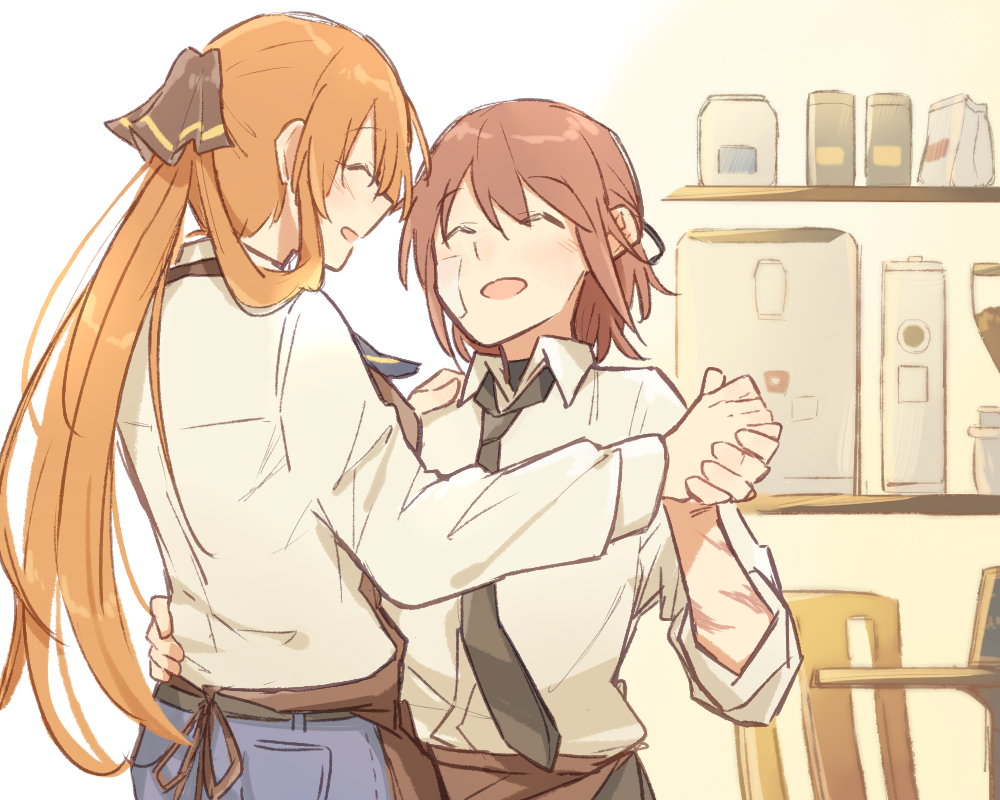 1boy 1girl apron bandages barista black_neckwear brown_hair cafe closed_eyes collared_shirt commander_(girls_frontline) commentary dancing denim girls_frontline hair_rings height_difference jeans long_hair long_sleeves m1903_springfield_(girls_frontline) necktie pants ponytail shirt sidelocks smile white_shirt xinhao