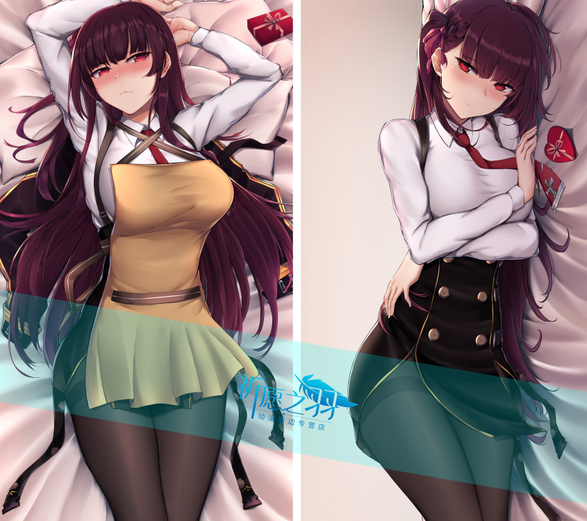 1girl apron arms_up bangs black_legwear black_skirt blazer blush breasts collared_shirt commentary_request dakimakura embarrassed eyebrows_visible_through_hair gift girls_frontline hair_ribbon half-closed_eyes heart-shaped_food high-waist_skirt jacket jacket_removed large_breasts long_hair long_sleeves looking_at_viewer lying multiple_views necktie on_back on_side one_side_up pantyhose purple_hair purple_ribbon red_eyes red_neckwear ribbon shirt sidelocks skirt strap taut_clothes thighband_pantyhose tsurime very_long_hair wa2000_(girls_frontline) watermark zhishi_ge_fangzhang