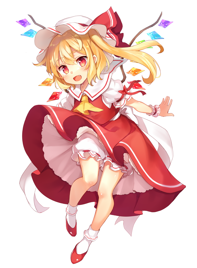 1girl :d ascot blonde_hair bloomers crystal eyebrows_visible_through_hair fang flandre_scarlet full_body hat hat_ribbon knee_blush looking_at_viewer mob_cap open_mouth paragasu_(parags112) puffy_short_sleeves puffy_sleeves red_eyes red_footwear red_ribbon red_skirt red_vest ribbon shirt shoes short_sleeves side_ponytail simple_background skirt skirt_set smile socks solo touhou underwear upskirt vest white_background white_bloomers white_legwear white_shirt wings wrist_cuffs yellow_neckwear