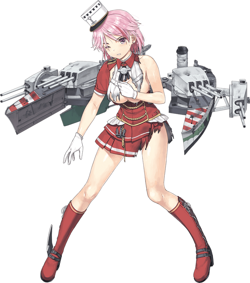 1girl belt_boots black_ribbon boots breasts cross-laced_footwear full_body giuseppe_garibaldi_(kantai_collection) gloves hat jiji kantai_collection knee_boots lace-up_boots large_breasts machinery mini_hat no_bra official_art one_eye_closed pink_eyes pink_hair pleated_skirt red_footwear red_skirt ribbon rigging short_hair short_sleeves skirt solo source_request torn_clothes torn_skirt transparent_background turret white_gloves white_headwear