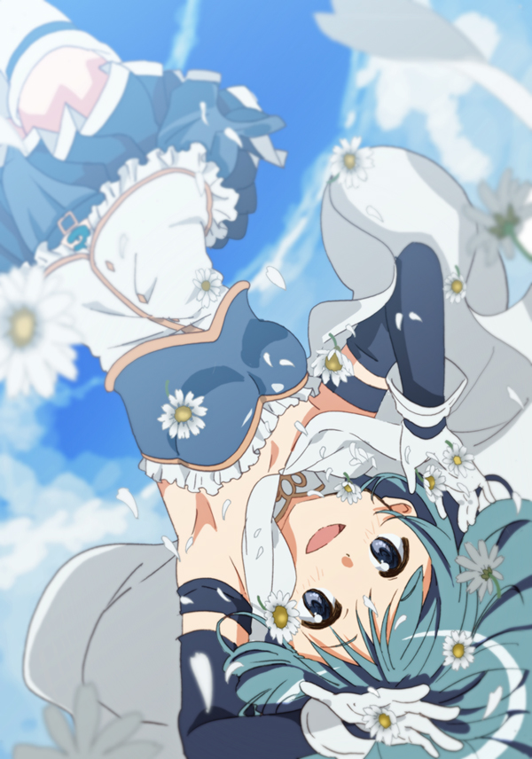 1girl :d armpits arms_up belt blue_eyes blue_hair blue_skirt blue_sky blurry blush breasts cape clouds cloudy_sky cowboy_shot day depth_of_field detached_sleeves eyebrows_visible_through_hair floating_hair flower flower_request frilled_shirt frills gloves looking_at_viewer magical_girl mahou_shoujo_madoka_magica medium_breasts mesushirindaa miki_sayaka open_mouth outdoors petals shirt skirt sky smile solo soul_gem strapless thigh-highs upside-down white_cape white_flower white_gloves white_legwear zettai_ryouiki