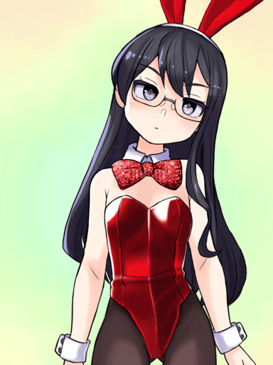 1girl animal_ears animated animated_gif ass_visible_through_thighs black_hair black_legwear blue_eyes bow bowtie bunny_girl bunnysuit commentary_request contrapposto cowboy_shot detached_collar fake_animal_ears frown glasses gradient gradient_background hairband head_tilt kantai_collection leotard long_hair looking_at_viewer mizuki_kyouto ooyodo_(kantai_collection) pantyhose rabbit_ears red_leotard red_neckwear semi-rimless_eyewear solo strapless strapless_leotard under-rim_eyewear wrist_cuffs