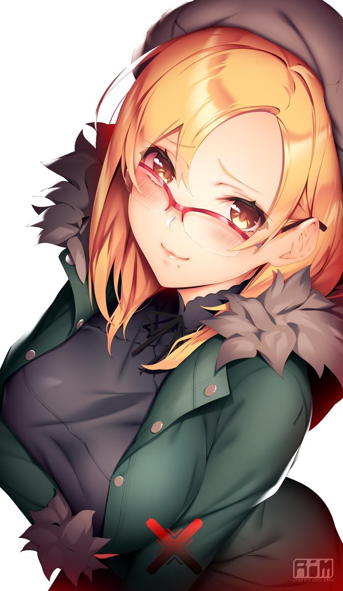 1girl bangs blush breasts brown_eyes brown_headwear coat commentary_request dress eyebrows_visible_through_hair fur-trimmed_coat fur_trim glasses green_coat hat highres large_breasts long_hair looking_at_viewer open_clothes open_coat orange_hair original parted_bangs purple_dress red-framed_eyewear ryuji_(ikeriu) semi-rimless_eyewear sidelocks simple_background smile solo tareme upper_body white_background