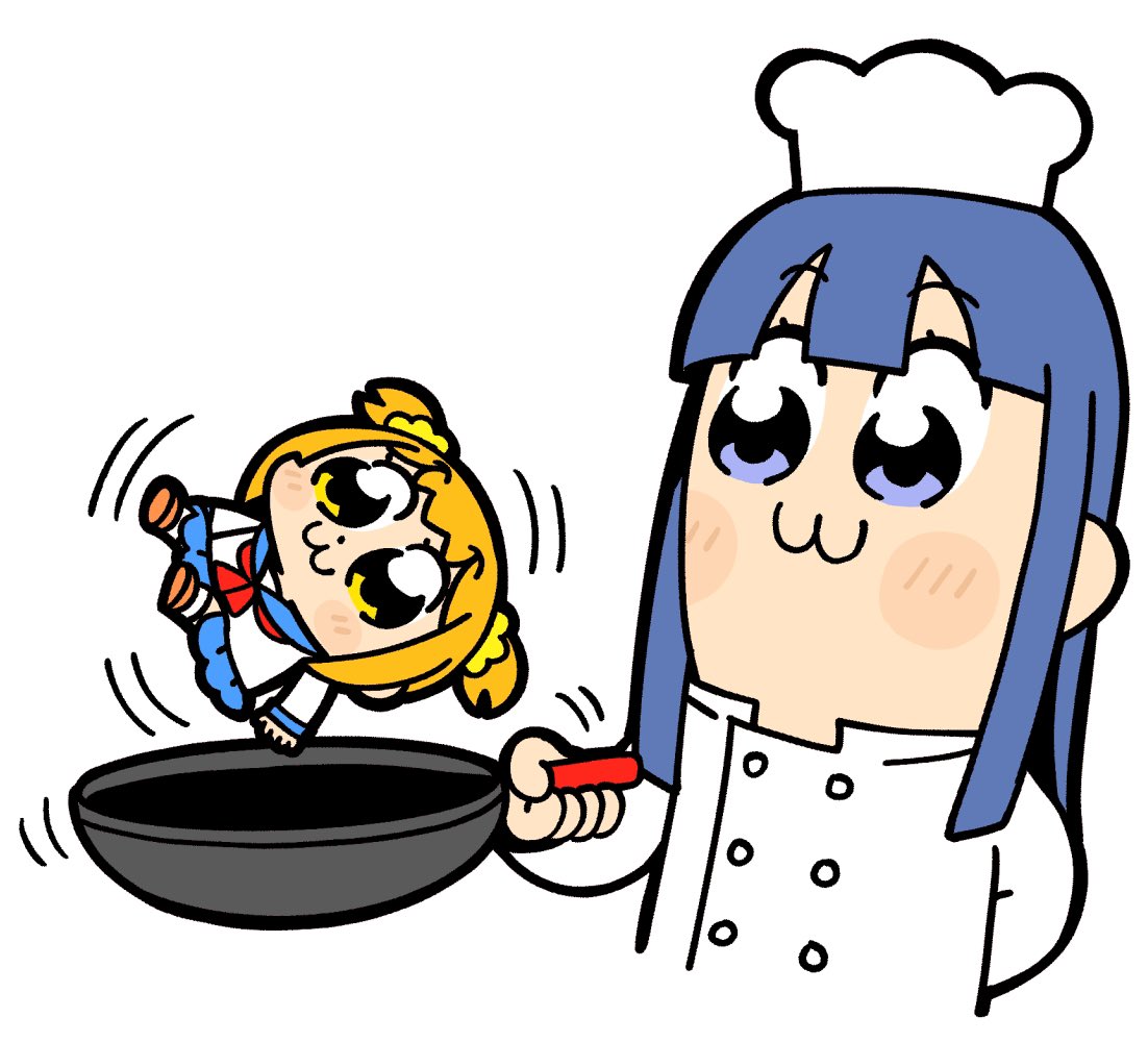 2girls :3 arm_behind_back bangs bkub blue_eyes blue_hair blue_sailor_collar blue_skirt blush chef_hat chef_uniform commentary eyebrows_visible_through_hair hair_ornament hair_scrunchie hat holding light_blush motion_lines multiple_girls neckerchief orange_hair pipimi poptepipic popuko red_neckwear sailor_collar school_uniform scrunchie serafuku shirt shoes short_twintails sidelocks simple_background skirt twintails two_side_up white_background white_shirt yellow_eyes yellow_scrunchie