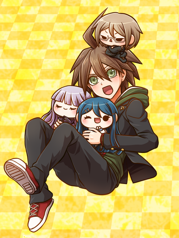 1boy :d ahoge black_jacket black_pants brown_hair character_doll checkered checkered_background dangan_ronpa dangan_ronpa_1 doll_on_head green_eyes green_sweater hair_between_eyes hood hood_down hooded_sweater jacket kirigiri_kyouko long_sleeves looking_at_viewer maizono_sayaka male_focus naegi_makoto open_mouth pants red_footwear shoes smile sneakers solo sweater togami_byakuya yellow_background yumaru_(marumarumaru)