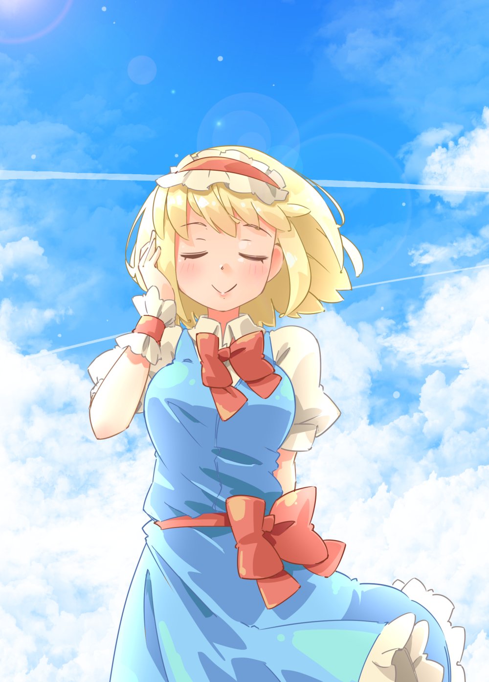 1girl :&gt; alice_margatroid arnest bangs blonde_hair blue_dress blue_sky blush bow bowtie breasts closed_eyes clouds commentary_request condensation_trail cowboy_shot day dress eyebrows_visible_through_hair facing_viewer frilled_hairband frills hairband hand_up highres large_breasts lens_flare lolita_hairband outdoors petticoat pinafore_dress puffy_short_sleeves puffy_sleeves red_bow red_hairband red_neckwear red_sash sash shirt short_hair short_sleeves sky smile solo standing touhou white_shirt wrist_cuffs