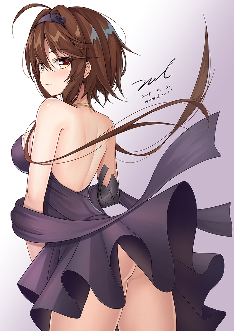 1girl :3 ahoge alternate_costume alternate_hairstyle arched_back ass back bangs bare_arms bare_shoulders black_dress blush breasts brown_eyes brown_hair closed_mouth cowboy_shot dated dress floating_hair from_behind girls_frontline gradient gradient_background grey_background hair_between_eyes hair_intakes hairband halter_dress jewelry large_breasts long_hair looking_at_viewer looking_back mechanical_arm neck_ring short_hair_with_long_locks shoulder_blades sidelocks signature sleeveless sleeveless_dress smile solo standing strapless strapless_dress thighs twitter_username type_79_(girls_frontline) unel very_long_hair white_background yellow_eyes
