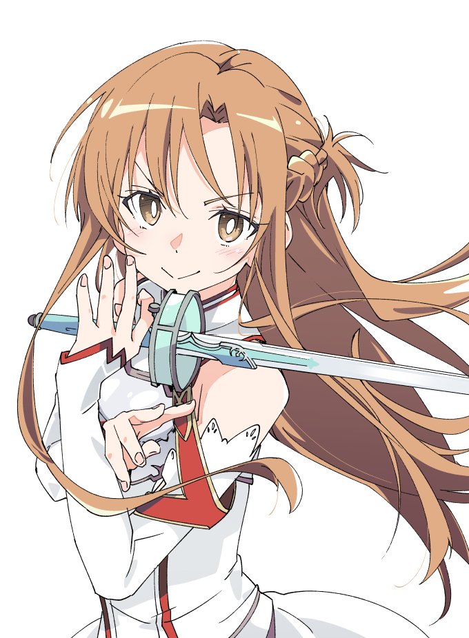 1girl asuna_(sao) blush brown_eyes brown_hair closed_mouth detached_sleeves holding holding_sword holding_weapon ixy long_hair looking_at_viewer simple_background smile solo sword sword_art_online weapon white_background