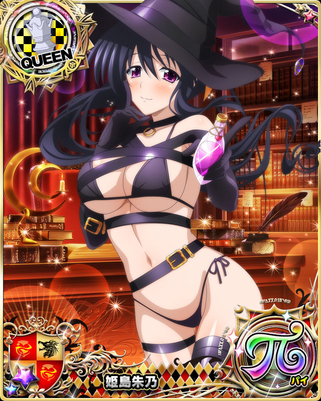 1girl belt bikini black_bikini black_gloves black_hair blush book bookshelf breasts card_(medium) character_name chess_piece closed_mouth collar elbow_gloves gloves hair_ribbon hat high_school_dxd high_school_dxd_pi himejima_akeno indoors large_breasts long_hair looking_at_viewer navel official_art queen_(chess) ribbon smile solo standing swimsuit trading_card very_long_hair violet_eyes witch_hat