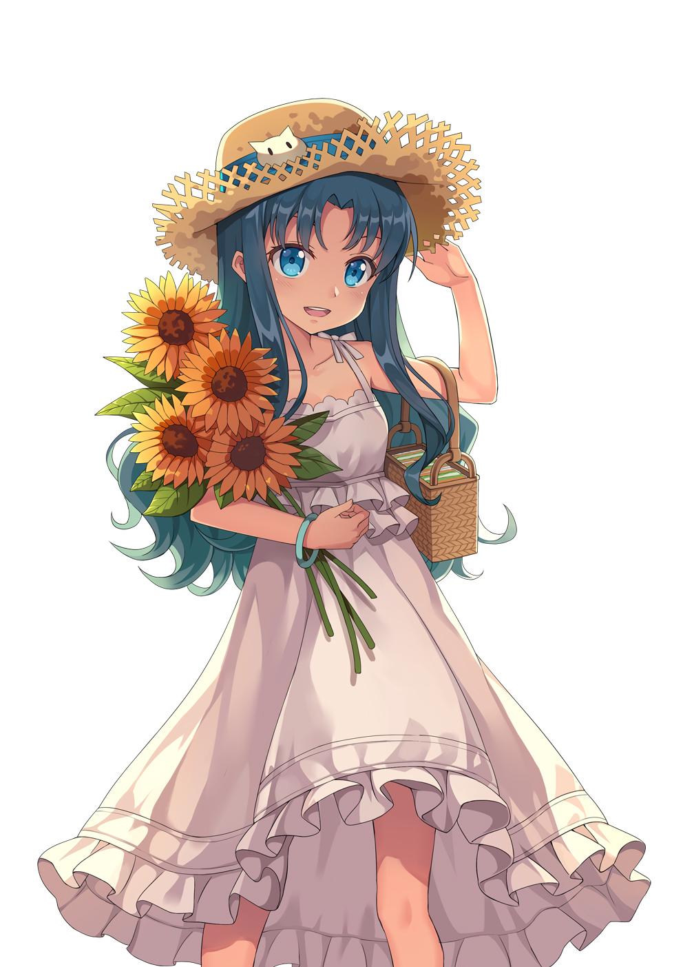 1girl :d aqua_eyes aqua_hair aqua_ribbon arm_up backlighting bag bangs bare_legs basket blue_bracelet bracelet cat collarbone cropped_legs curly_hair dress flower food frilled_dress frills hand_on_headwear hand_up happy hat hat_ribbon heartcatch_precure! highres holding holding_basket holding_flower jewelry kurumi_erika light_blush light_smile ling_si long_hair looking_at_viewer open_mouth precure ribbon sandwich shadow simple_background sleeveless sleeveless_dress smile solo standing straw_hat sundress sunflower teeth white_background white_dress