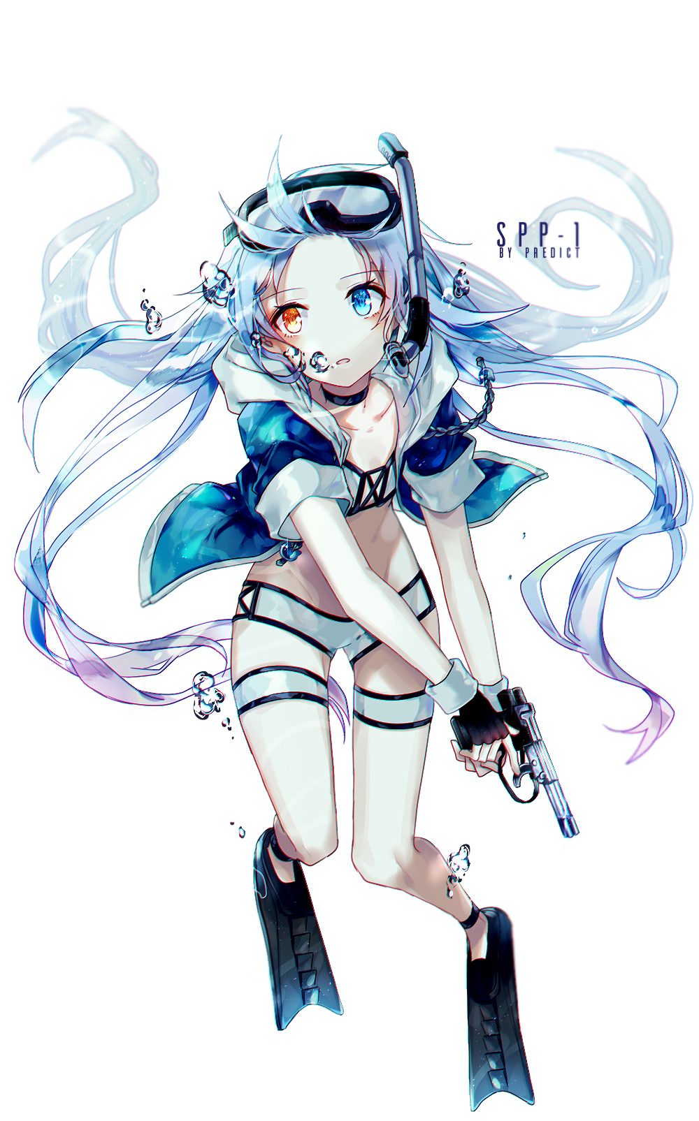 1girl air_bubble artist_name bikini black_gloves blue_eyes blue_hair blue_jacket bubble character_name commentary cross-laced_bikini_top diving_mask diving_mask_on_head drawstring fingerless_gloves flippers full_body girls_frontline gloves gun handgun heterochromia highres holding holding_gun holding_weapon hood hooded_jacket jacket long_hair looking_away navel open_clothes open_jacket open_mouth predict simple_background snorkel solo spp-1 spp-1_(girls_frontline) stomach swimsuit thigh_strap trigger_discipline very_long_hair weapon white_background white_bikini yellow_eyes