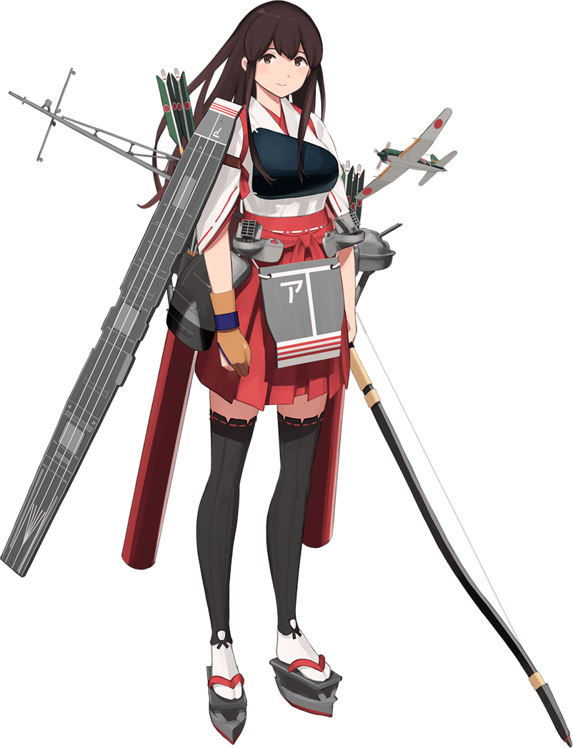 1girl a7m_reppuu aircraft akagi_(kantai_collection) arrow black_legwear bow breasts brown_eyes brown_gloves brown_hair closed_mouth full_body gloves hakama_skirt hull_shoes japanese_clothes kantai_collection large_breasts long_hair looking_at_viewer muneate official_art partly_fingerless_gloves pleated_skirt quiver remodel_(kantai_collection) rigging shibafu_(glock23) sidelocks single_glove skirt smile solo source_request standing thigh-highs transparent_background turret wide_sleeves yugake