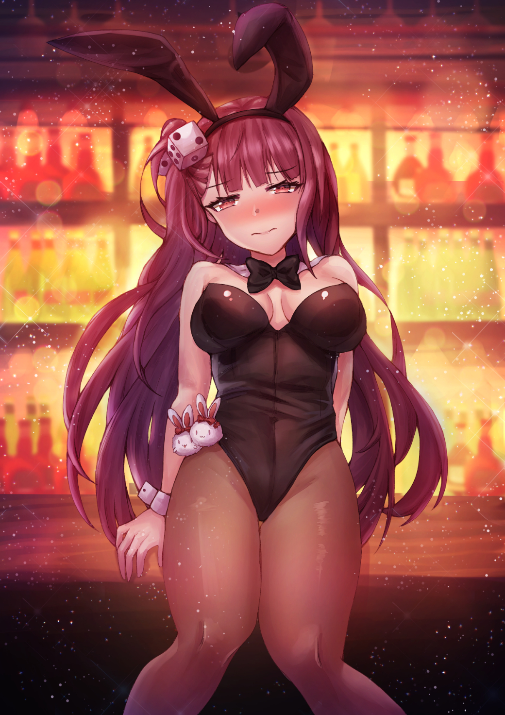 1girl animal_ears bangs bar black_legwear black_leotard blurry blush bow bowtie breasts bunnysuit commentary_request detached_collar detached_sleeves dice_hair_ornament embarrassed eyebrows_visible_through_hair fake_animal_ears girls_frontline hair_ornament hair_ribbon highres indoors large_breasts leotard light_particles long_hair looking_at_viewer necoring862 one_side_up pantyhose purple_hair rabbit_ears red_eyes ribbon sitting solo strapless strapless_leotard very_long_hair wa2000_(girls_frontline) wrist_cuffs