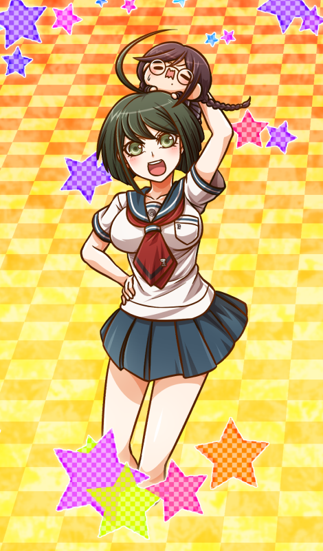 1girl :d bird blue_sailor_collar blue_skirt breasts brown_hair character_doll checkered checkered_background collarbone cropped_legs dangan_ronpa dangan_ronpa_3 doll_on_head glasses green_eyes green_hair hand_on_hip looking_at_viewer medium_breasts miniskirt naegi_komaru neckerchief open_mouth pleated_skirt red_neckwear rimless_eyewear sailor_collar school_uniform serafuku shirt short_hair short_sleeves skirt smile solo standing white_shirt yellow_background yumaru_(marumarumaru) zettai_zetsubou_shoujo