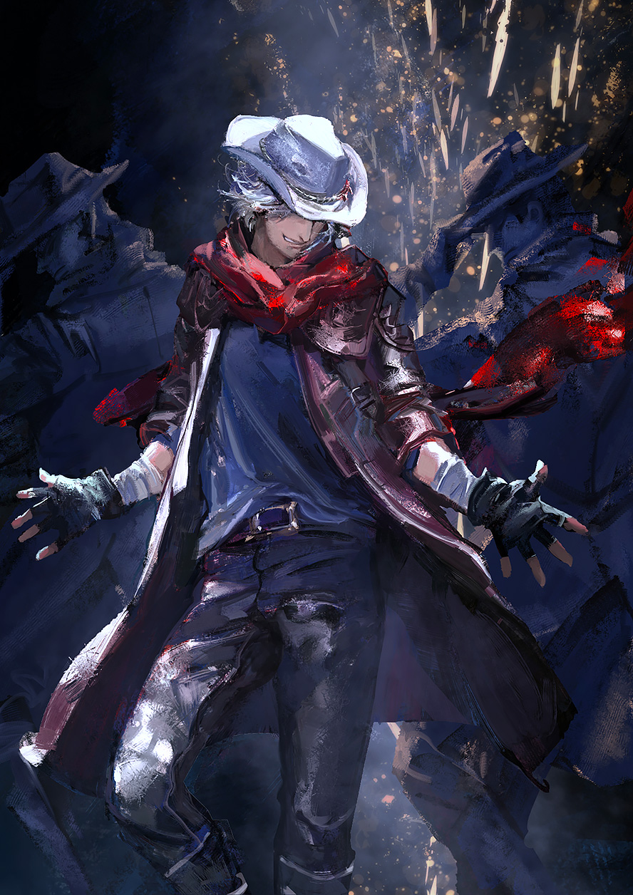 3boys bandaged_arm bandages belt belt_buckle black_gloves black_legwear buckle coat commentary covered_eyes dancing dante_(devil_may_cry) devil_may_cry devil_may_cry_5 fingerless_gloves gloves hat highres multiple_boys parted_lips red_coat red_scarf scarf sleeves_rolled_up smile sparks standing tin_nijigen white_hair white_headwear