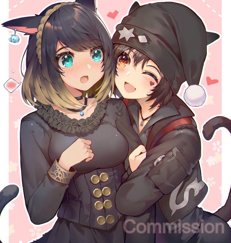 2girls :d akizone animal_ear_request animal_ears arm_grab bangs black_choker black_hair black_headwear blonde_hair blue_eyes blush breasts character_request choker collarbone commentary commission earrings english_commentary final_fantasy final_fantasy_xiv freckles hair_between_eyes hairband hat heart jacket jewelry large_breasts long_sleeves looking_at_another miqo'te multicolored_hair multiple_girls necklace one_eye_closed open_mouth red_heart short_hair smile spoken_blush tail two-tone_hair