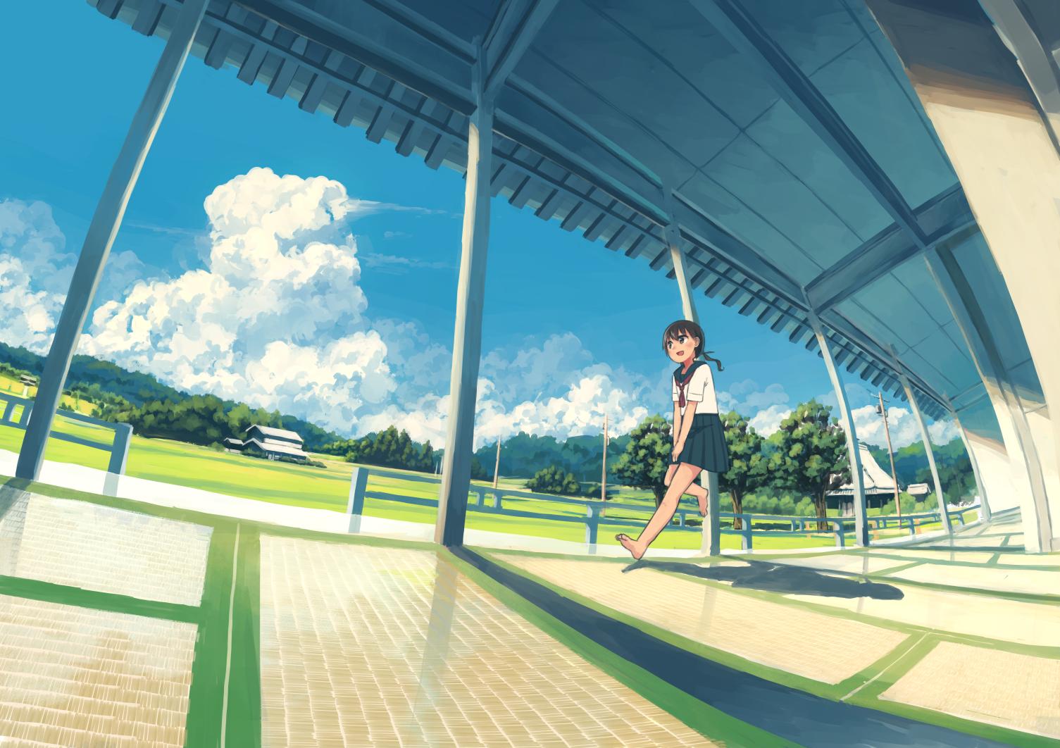 1girl barefoot blue_skirt blue_sky brown_eyes brown_hair clouds field fisheye house ike_rakune medium_hair miniskirt original pleated_skirt scenery school_uniform serafuku skirt sky smile solo tatami tied_hair tree walking