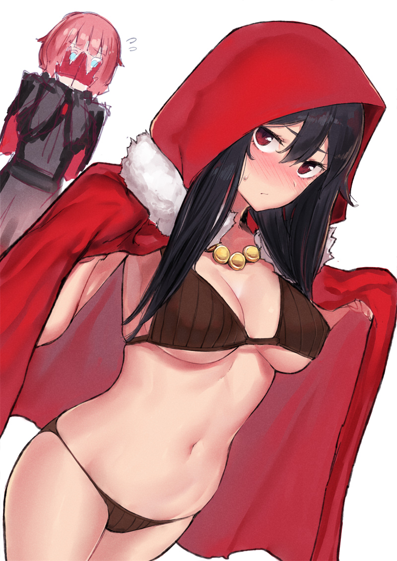 2girls black_bra black_hair black_panties blue_eyes blush bra breasts capelet cecilia_(pixiv_fantasia_last_saga) cloak commentary_request hood hooded_cloak leslie_the_moon_queen long_hair looking_at_another looking_at_viewer medium_breasts midriff multiple_girls navel panties peeking_through_fingers pixiv_fantasia pixiv_fantasia_last_saga poco_(backboa) red_eyes red_hood redhead simple_background standing sweatdrop underwear white_background