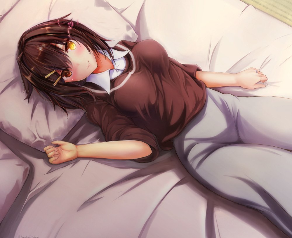 1girl alternate_costume bed bed_sheet blush brown_eyes brown_hair brown_sweater cowboy_shot furutaka_(kantai_collection) futon glowing glowing_eye hair_between_eyes hair_ornament heart heterochromia jewelry kantai_collection looking_at_viewer lying on_back on_bed pillow ring sheet_grab short_hair smile sweater tamukai_takumi wedding_band yellow_eyes