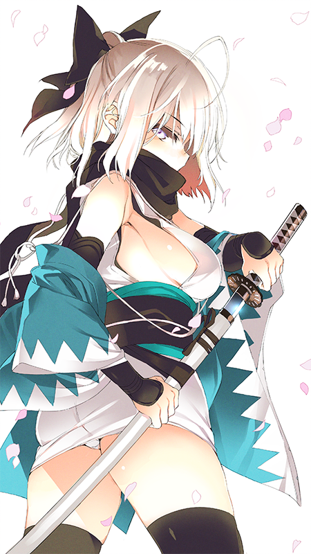 1girl ahoge arm_guards black_bow black_legwear black_scarf bow breasts cherry_blossoms commentary_request cowboy_shot fate_(series) from_side hair_bow haori holding holding_sword holding_weapon japanese_clothes katana kimono koha-ace looking_at_viewer medium_breasts obi off_shoulder okita_souji_(fate) okita_souji_(fate)_(all) one_side_up panties pantyshot pantyshot_(standing) petals profile sash scarf scarf_over_mouth sheath shimeji_(4_me_ji) shinsengumi short_hair short_kimono sideboob sidelocks simple_background sleeveless sleeveless_kimono solo standing sword thigh-highs thighs twisted_torso underwear unsheathing weapon white_background white_kimono white_panties