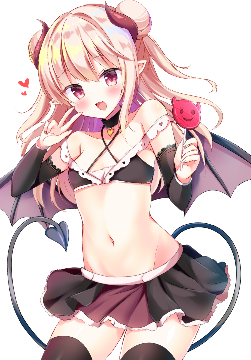 1girl :d arm_warmers bare_shoulders black_choker black_legwear black_skirt blonde_hair blush breasts choker collarbone commentary_request cowboy_shot criss-cross_halter demon_girl demon_horns demon_tail demon_wings double_bun fang groin halterneck hands_up heart highres holding_lollipop horns lace_trim long_hair looking_at_viewer masayo_(gin_no_ame) midriff miniskirt navel open_mouth original pink_eyes pointy_ears revealing_clothes sidelocks simple_background skirt small_breasts smile solo standing stomach succubus tail thigh-highs two_side_up v white_background wings zettai_ryouiki