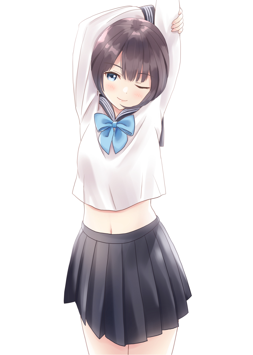 1girl ;) arm_grab arms_up bangs black_sailor_collar black_skirt blue_bow blue_eyes blush bow brown_hair closed_mouth commentary_request eyebrows_visible_through_hair fingernails hair_between_eyes highres long_sleeves looking_at_viewer midriff midriff_peek navel one_eye_closed original pleated_skirt sailor_collar school_uniform serafuku shirt simple_background skirt smile solo stretch white_background white_shirt yukimaru217