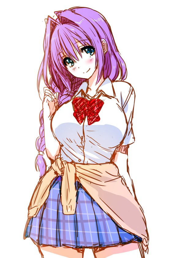 1girl blue_eyes blush bow bowtie braid breasts closed_mouth clothes_around_waist commentary cowboy_shot hair_intakes hair_over_shoulder jacket_around_waist kanon large_breasts looking_at_viewer minase_akiko miniskirt mitarashi_kousei plaid plaid_skirt purple_hair red_neckwear school_uniform shirt short_sleeves simple_background single_braid skirt smile solo thighs white_background white_shirt