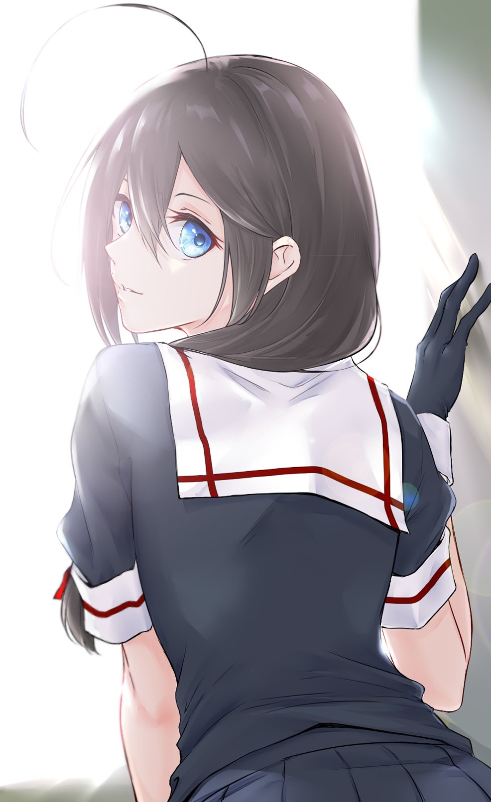 1girl ahoge aoyashio_rin blue_eyes brown_hair commentary_request gloves hair_over_shoulder highres kantai_collection looking_at_viewer looking_back school_uniform serafuku shigure_(kantai_collection) solo