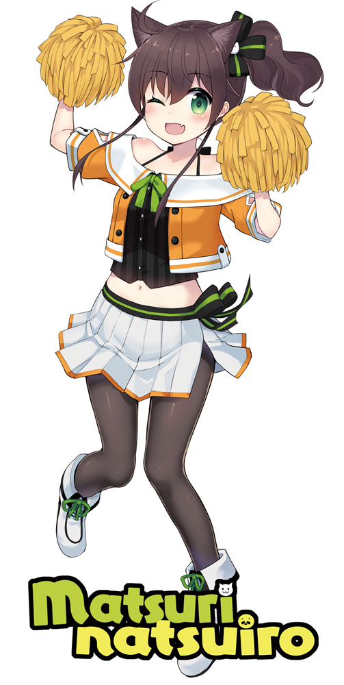 1girl ;d animal_ear_fluff animal_ears bangs black_camisole blush boots brown_hair brown_legwear camisole cat_ears character_name cheerleader collarbone eyebrows_visible_through_hair green_eyes hair_between_eyes hands_up holding hololive jacket kemonomimi_mode midriff minamura_haruki natsuiro_matsuri navel off_shoulder one_eye_closed open_mouth orange_jacket pantyhose pleated_skirt pom_poms puffy_short_sleeves puffy_sleeves ribbon short_sleeves side_ponytail skirt smile solo standing standing_on_one_leg striped striped_ribbon vertical_stripes virtual_youtuber white_footwear white_skirt