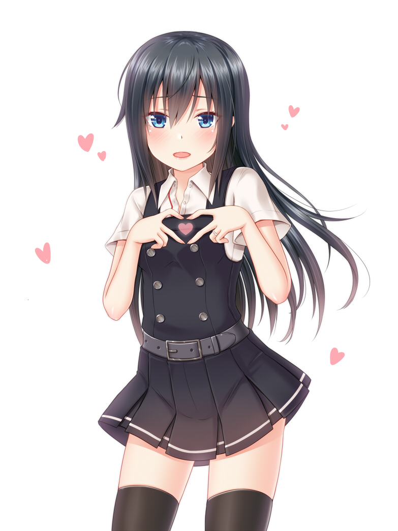 1girl asashio_(kantai_collection) bangs belt black_dress black_hair black_legwear blue_eyes blush breasts buttons collared_shirt commentary_request dress eyebrows_visible_through_hair hair_between_eyes hanazome_dotera heart heart_hands jewelry kantai_collection lips long_hair long_sleeves looking_at_viewer open_mouth pinafore_dress remodel_(kantai_collection) ring school_uniform shirt short_sleeves simple_background sleeveless sleeveless_dress small_breasts smile solo thigh-highs wedding_ring white_background white_shirt