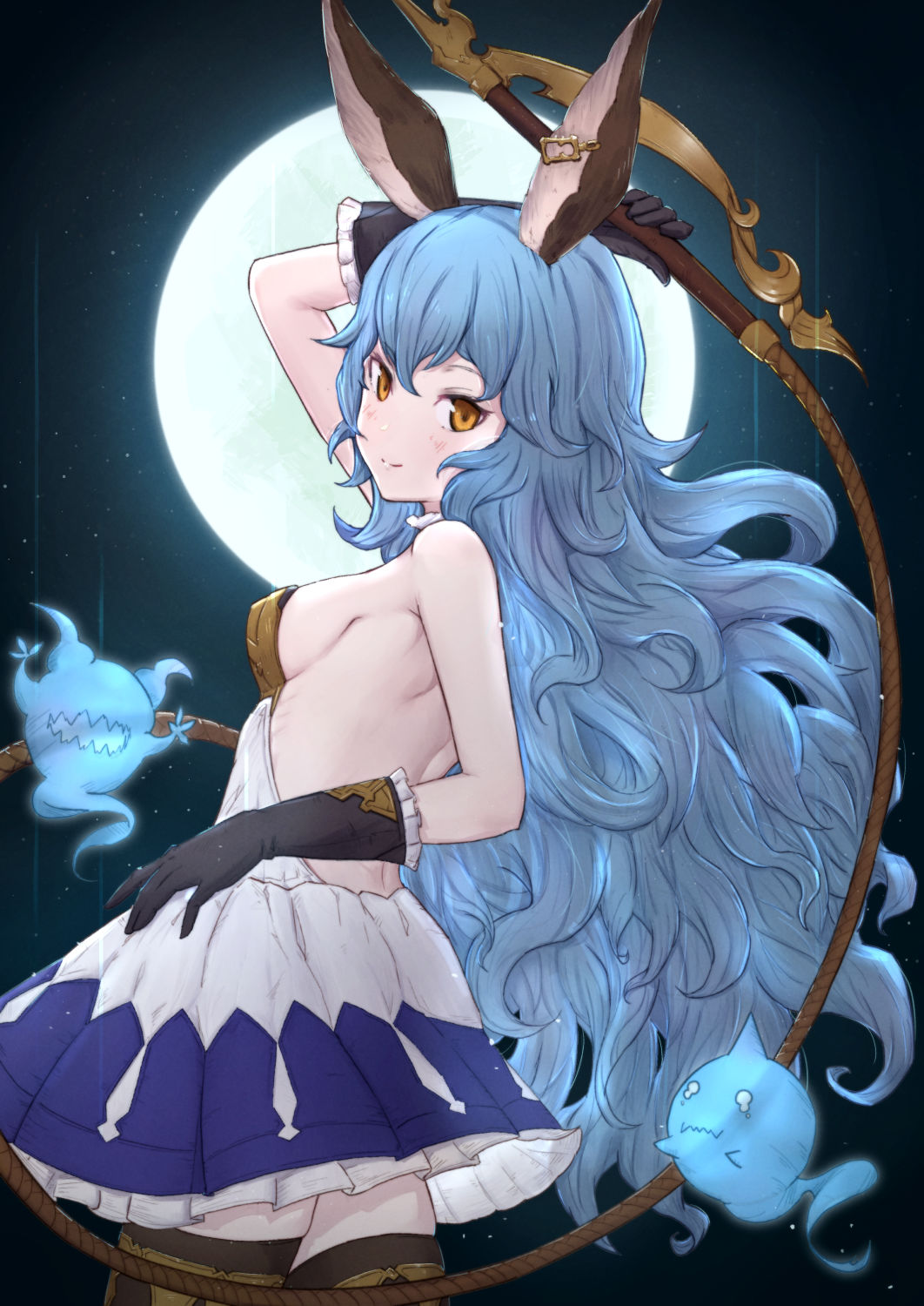 1girl arm_up bangs bare_shoulders black_gloves blue_hair blush breasts brown_eyes brown_legwear closed_mouth commentary_request cowboy_shot dress elbow_gloves erune eyebrows_visible_through_hair ferry_(granblue_fantasy) frilled_dress frilled_gloves frills full_moon gloves granblue_fantasy hair_between_eyes highres holding holding_whip looking_at_viewer looking_to_the_side moon pleated_dress revision sideboob small_breasts smile solo thigh-highs uneg wavy_hair whip white_dress