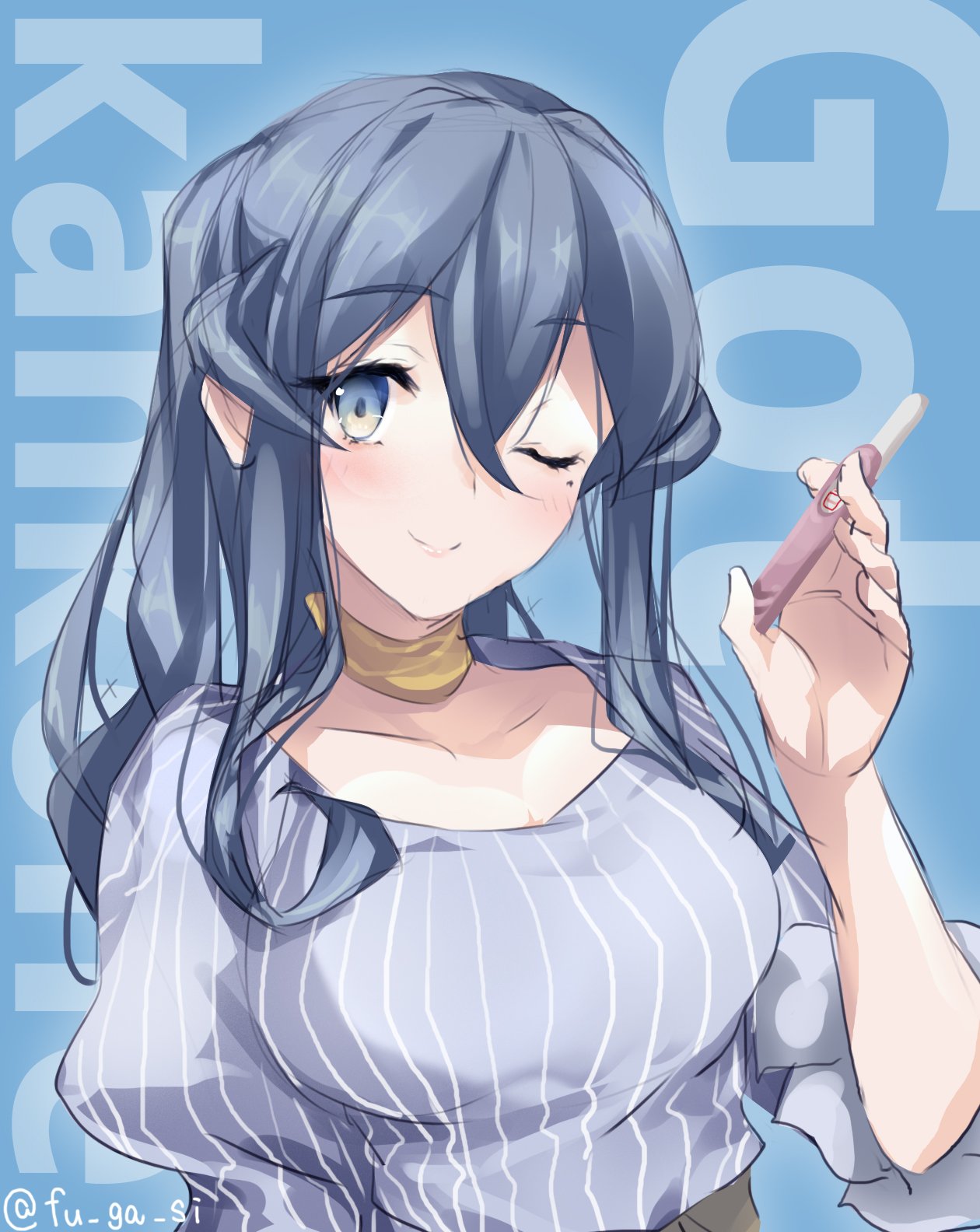 1girl blouse blue_background blue_blouse blue_eyes blue_hair character_name choker commentary_request copyright_name fugafugashi gotland_(kantai_collection) highres kantai_collection long_hair looking_at_viewer mole mole_under_eye one_eye_closed ponytail pregnancy_test sidelocks smile solo striped_blouse twitter_username upper_body yellow_choker