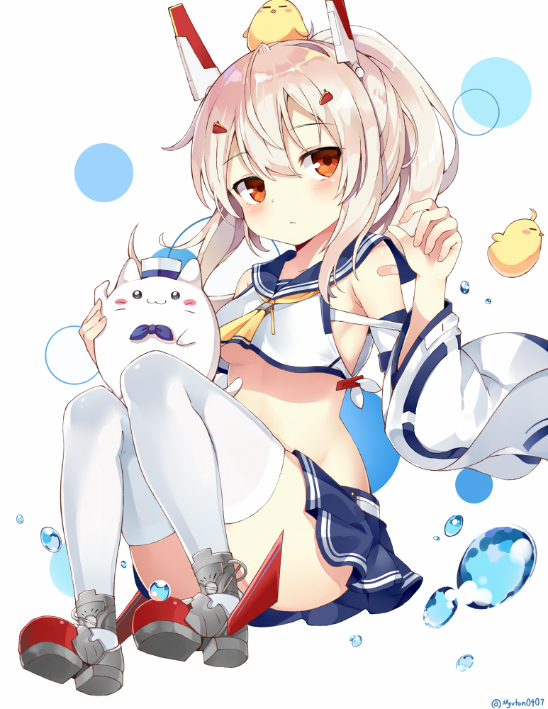 1girl animal ass ayanami_(azur_lane) azur_lane bandaid bangs bare_shoulders bird blonde_hair blue_sailor_collar blue_skirt blush breasts chick convenient_leg crop_top crop_top_overhang detached_sleeves hair_between_eyes hair_ornament hand_up headgear knees_up long_hair long_sleeves looking_at_viewer manjuu_(azur_lane) meowficer_(azur_lane) midriff miniskirt myuton parted_lips ponytail red_eyes remodel_(azur_lane) rudder_footwear sailor_collar shirt shoes sidelocks simple_background skirt small_breasts solo thigh-highs twitter_username under_boob water white_background white_legwear white_shirt wide_sleeves yellow_neckwear