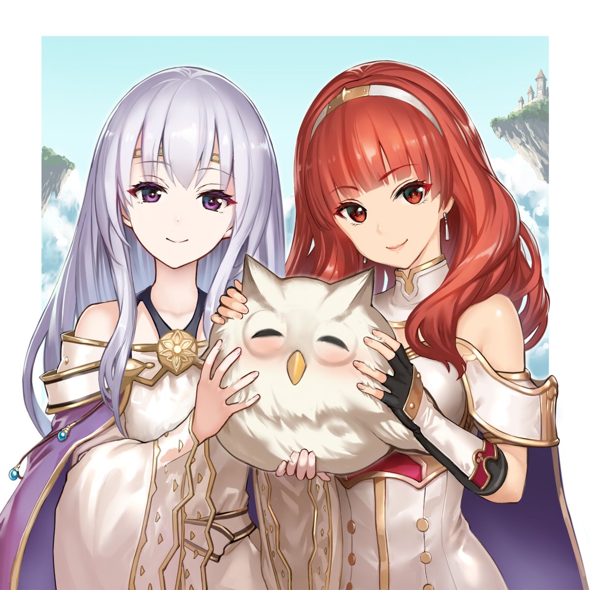 2girls arm_guards armor bare_shoulders bird black_gloves breastplate cape celica_(fire_emblem) circlet commentary_request detached_collar detached_sleeves dress earrings feh_(fire_emblem_heroes) fingerless_gloves fire_emblem fire_emblem:_seisen_no_keifu fire_emblem_echoes:_mou_hitori_no_eiyuuou fire_emblem_gaiden fire_emblem_heroes girl gloves highres hiyashiru human intelligent_systems jewelry lavender_hair long_hair long_sleeves multiple_girls nintendo owl parted_lips red_eyes redhead smile tiara very_long_hair violet_eyes wide_sleeves yuria_(fire_emblem)