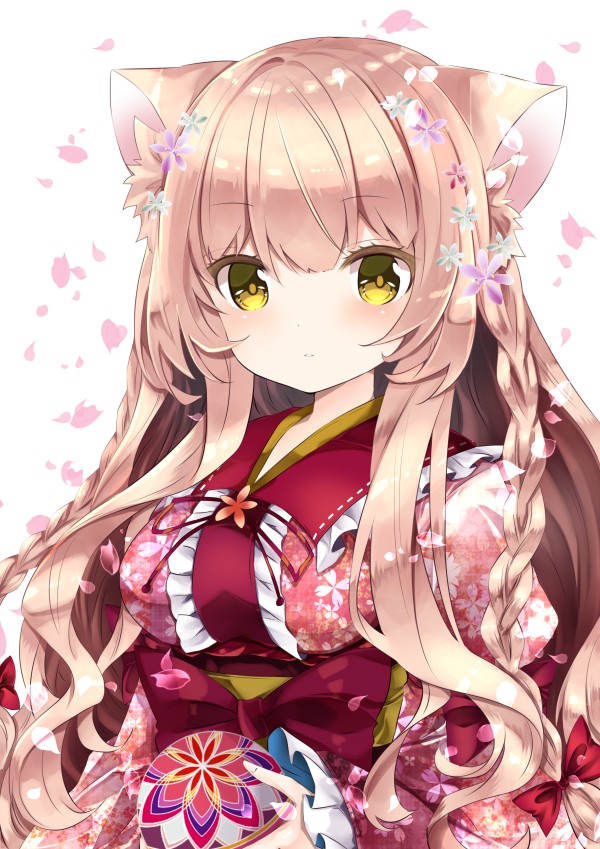 1girl animal_ear_fluff animal_ears ball bangs blush bow breasts brown_hair cat_ears center_frills commentary_request eyebrows_visible_through_hair fingernails floral_print flower frilled_sleeves frills green_flower hair_between_eyes hair_bow hair_flower hair_ornament holding holding_ball japanese_clothes kimono long_hair long_sleeves looking_at_viewer medium_breasts nanase_kureha nanase_nao original parted_lips petals print_kimono purple_flower red_bow red_kimono side_braids simple_background sleeves_past_wrists solo upper_body very_long_hair white_background yellow_eyes