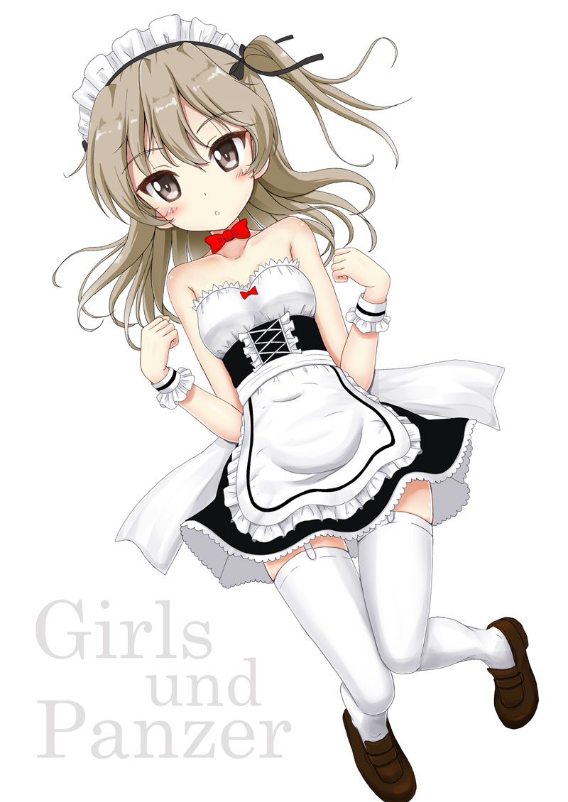 1girl :o alternate_costume apron bare_shoulders black_bow black_skirt blush bow bowtie breasts brown_eyes brown_footwear brown_hair collarbone commentary_request copyright_name dutch_angle enmaided flipper frilled_apron frills garter_straps girls_und_panzer hair_bow hands_up loafers long_hair maid maid_headdress one_side_up parted_lips red_neckwear shimada_arisu shoes simple_background skirt small_breasts solo strapless thigh-highs waist_apron white_apron white_background white_legwear wrist_cuffs